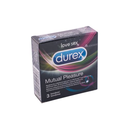 Durex kondomi Mutual Pleasure 3kom za sigurnost sa rebrasto-tačkastom strukturom i Performa lubrikantom za intenzivnije iskustvo za nju i njega.