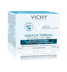 Vichy AQUALIA THERMAL 50ml bogata dnevna krema za negu lica koja hidrira kožu, namenjena za suvu do veoma suvu kožu. Hipoalergena, dermatološki ispitana.