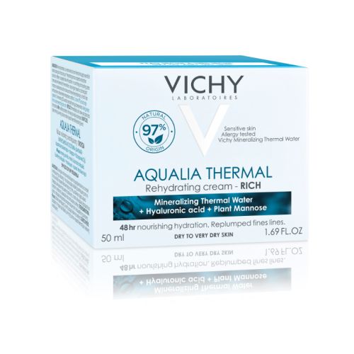 Vichy AQUALIA THERMAL 50ml bogata dnevna krema za negu lica koja hidrira kožu, namenjena za suvu do veoma suvu kožu. Hipoalergena, dermatološki ispitana.