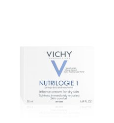 Vichy Nutrilogie 1, 50 ml za negu lica, krema za suvu kožu. Obogaćena termalnom vodom Vichy koja kožu umiruje, jača i obnavlja. 24-časovna hidratacija.