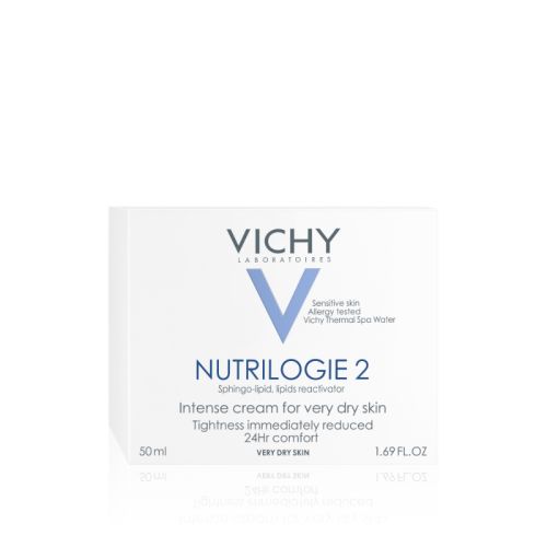 Vichy Nutrilogie 2, 50 ml za dubinsku negu lica, krema za vrlo suvu kožu. Obogaćena termalnom vodom Vichy koja kožu umiruje, jača i obnavlja. 24 h hidratacije.