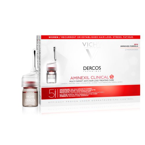 Vichy DERCOS AMINEXIL CLINICAL 5 21ampula za tretmane protiv opadanja kose,namenjeno za žene. Jača pričvršćenost za vlasi, podstiče jačinu i otpornost dlake.