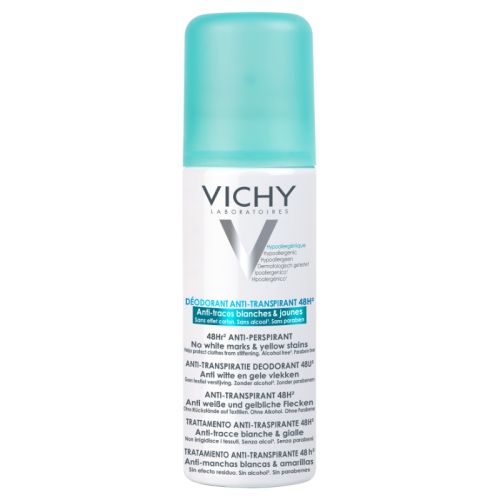 Vichy Dezodorans protiv belih tragova i žutih fleka 125ml, za negu tela, za muškarce i žene, 48h zaštita od neprijatnih mirisa i znojenja. Bez fleka na odeći.