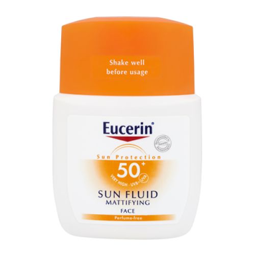 Eucerin SUN fluid SPF50+ Mattifying za lice 50ml za zaštitu normalne i kombinovane kože lica od UVA, UVB zraka i HEVIS. Lako se upija i matira ten.