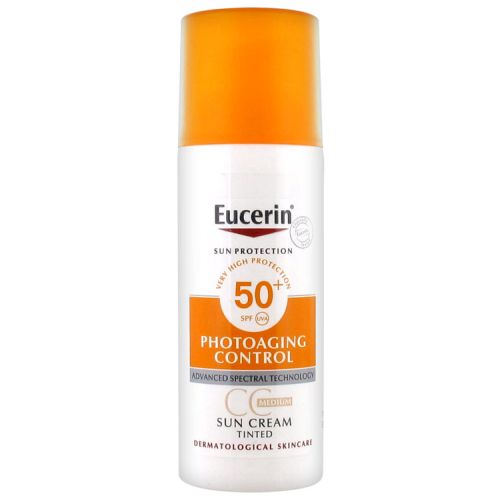 Eucerin SUN tonirana CC krema SPF50, 50ml tamna nijansa, namenjena je zaštiti i nezi svih tipova kože od štetnog UVA i UVB zračenja.