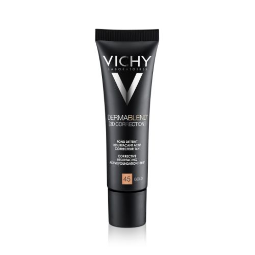 Vichy DERMABLEND 3D tečni puder 45 za lepotu osetljive masne kože lica sklone aknama, vidno umanjuje nesavršenosti.