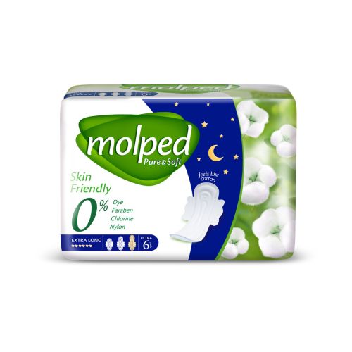 Pamučni Molped ulošci Pure&Soft ExtraLong Night 6kom sa oblikom da se uložak ne pomera, već se kreće zajedno sa vama. Super lagan 100% nepropustljiv.