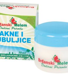 Brđanski melem, 50ml, za negu lica, namenjen za masnu i problematičnu kožu. Sadrži etarska ulja čajnog drveta i lavande i koristi se protiv akni i bubuljica.