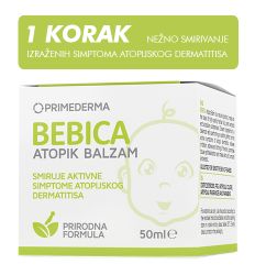 Bebica Atopik balzam 50ml, za negu lica i tela, deluje umirujuće na simptome atopijskog dermatitisa,ublažavaju iritaciju, crvenilo i svrab kože.