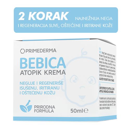 Bebica Atopik krema 50ml, za negu lica i tela, sprečava isušivanje, hidratizuje i omekšava kožu. Krema za regeneraciju iritirane kože i za dermatitis na koži.