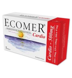 Ecomer Cardio je visoko koncentrovan proizvod, koji sadrži riblje ulje sa 60% omega-3 nezasićenih masnih kiselina i ulje iz ajkuline jetre sa 20% alkilglicerola. 
