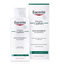 Eucerin DermoCapillaire 250ml gel šampon protiv masne peruti namenjen je za osetljivu kožu glave praćenu masnom peruti.Savetuje se i kod seboreičnog dermatitisa