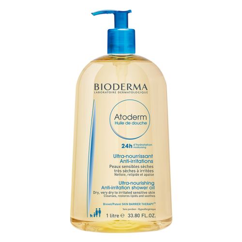 Bioderma ATODERM, u pakovanju od1L, umirujuće ulje za tuširanje namenjeno za nežno čišćenje suve, atopične, osetljive kože sklone iritacijama.