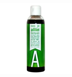 Allin šampon je prirodni biljni šampon na bazi ekstrakata koprive, žalfije, mirte i majčine dušice koji uklanja masnoću kose i seboreične naslage sa kože