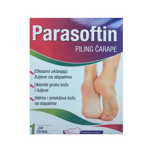 PARASOFTIN piling čarape 1kom za intenzivnu negu kože i negovana stopala. Parasoftin prodire i omekšava rožnati sloj epiderma i vrši piling, uklanjajući žuljeve