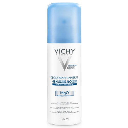 Vichy Dezodorans Mineral Aeroso 125ml, za negu tela, namenjen za osetljivu kožu. Bez aluminijumovih soli maksimalne efikasnosti protiv neprijatnih mirisa.