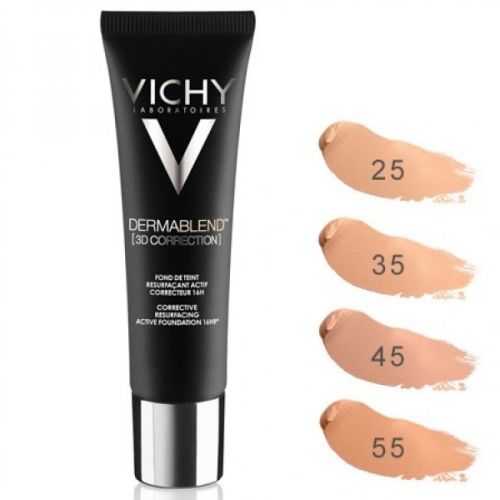 Vichy DERMABLEND 3D tečni puder 45 za lepotu osetljive masne kože lica sklone aknama, vidno umanjuje nesavršenosti.