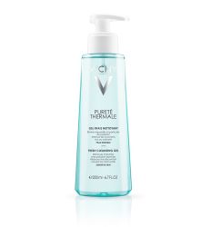 Vichy PURETE THERMALE 200 ml gel za negu i čišćenje osetljive kože lica. Uklanja nečistoće i čestice zagađenja. Sadrži Vichy termalnu vodu, ne isušuje kožu lica