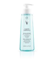 Vichy PURETE THERMALE 200 ml gel za negu i čišćenje osetljive kože lica. Uklanja nečistoće i čestice zagađenja. Sadrži Vichy termalnu vodu, ne isušuje kožu lica