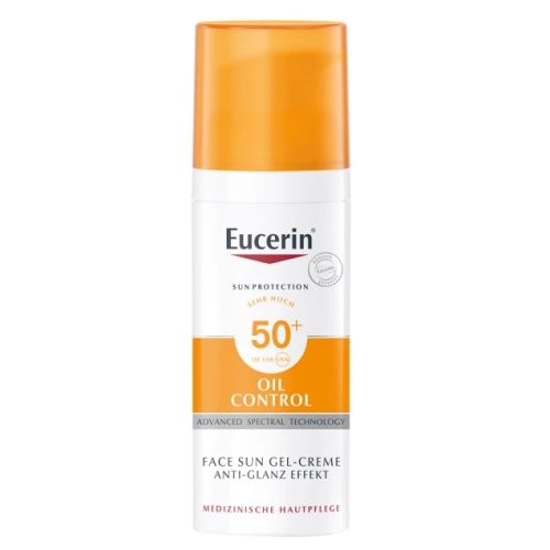 Eucerin SUN gel-krem (oil control) SPF50+ za lice 50ml namenjen je svakodnevnoj zaštiti masne kože lica i kože lica sklone aknama od UVA i UVB zraka.