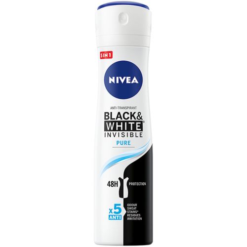NIVEA Black&White Pure 150ml, za negu tela, anti-perspirant za 48-časovnu zaštitu od neprijatnih mirisa i znoja, ne ostavljajući fleke na odeći.