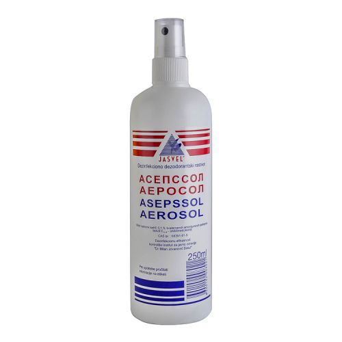 Asepsol 0,1% aerosol 250ml gotov rastvor sa pumpicom je dezinfekciono-deterdžentski rastvor sa delovanjem na bakterije, gljivice i pojedine tipove virusa.