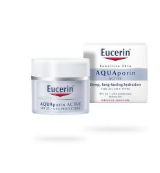 Eucerin AQUAporin Active UVA+SPF25 zaštitna krema namenjena je za intenzivnu i dugotrajnu hidrataciju za normalan tip kože lica, vrata i dekoltea