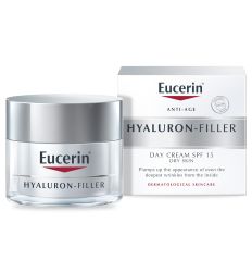 Eucerin Hyaluron-filler 50ml, za negu lica, Anti-age dnevna krema za suvu i osetljivu kožu SPF 15 namenjena je borbi protiv prvih znakova starenja.