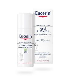 Eucerin AntiRedness 50ml, dnevna krema protiv crvenila sa zelenim pigmentima namenjena je dnevnoj nezi preosetljive kože lica sa rozaceom i/ili kuperozom.