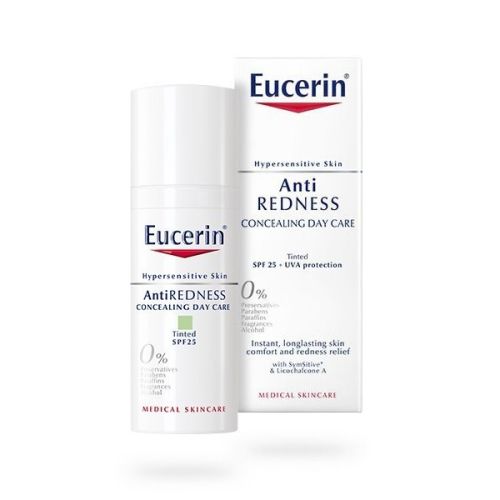 Eucerin AntiRedness 50ml, dnevna krema protiv crvenila sa zelenim pigmentima namenjena je dnevnoj nezi preosetljive kože lica sa rozaceom i/ili kuperozom.