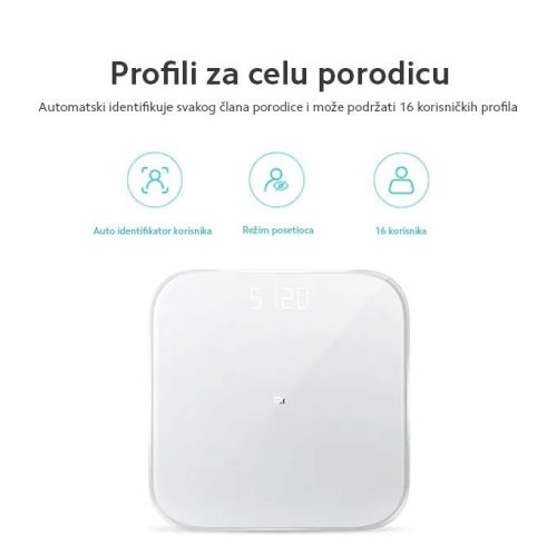 Xiaomi Mi 2 scale, za celu porodicu, namenjena merenju parametara vašeg zdravlja putem Mi Fit aplikacije, na kojoj možete sačuvati do 16 profila.