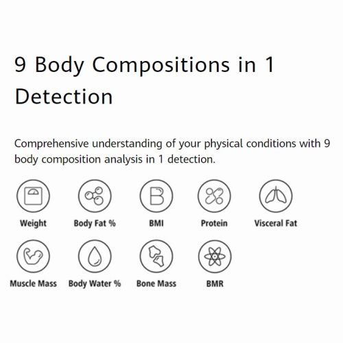 HUAWEI Body Fat Scale AH100, digitalna vaga, sa analizom 9 telesnih parametara u 1 merenju koje sveobuhvataju zdravstveni izveštaj.     