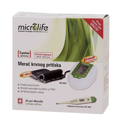 Microlife aparat za pritisak BP 3AG1 sa PAD tehnologijom + GRATIS STRUJNI ADAPTER I DIGITALNI TOPLOMER TM 3001