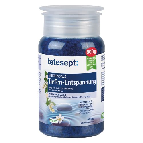 TETESEPT Morska so za kupanje DEEP RELAXATION,600gr za negu tela, sa etarskim uljima jasmina,citronele,bergamota i narandže. Za opuštanje celog tela.