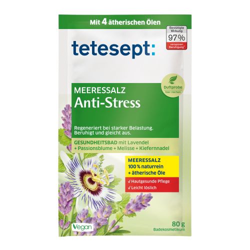 TETESEPT Morska so za kupanje Anti-Stress, 80gr za negu tela, sa etarskim uljima lavande,cveta pasiflore,matičnjaka i belog bora. Za opuštanje celog tela.