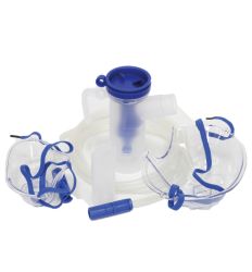 Inhalacioni set sardži dve maske (za odrasle i za decu), posudu za lek (raspršivač) sa usnikom i inhalaciono crevo