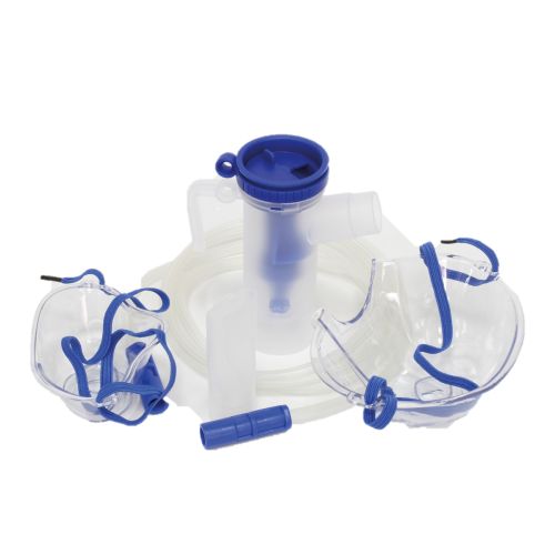 Inhalacioni set sardži dve maske (za odrasle i za decu), posudu za lek (raspršivač) sa usnikom i inhalaciono crevo