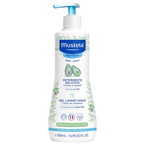 Mustela nežan gel za pranje kose i tela, 500ml, za svakodnevnu higijenu i negu kože i kose, namenjena za bebe, decu i odrasle. Hidrira i hrani kožu.