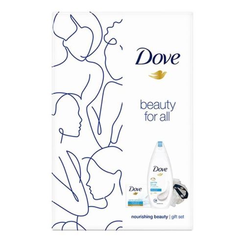 Zdrava i negovana koža, uz Nourishing Beauty Dove setu - Gel za tuširanje, sapun i mrežica za kupanje, sa prepoznatljivom original Dove teksturom.