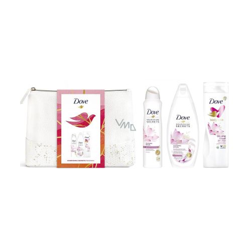 Za nežnu kožu tela Nourishing Secret Dove set u neseseru - Gel za tuširanje, dezodorans i losion, sa lotusovim cvetom i pirinčem, činiće vašu kožu svilenkastom.