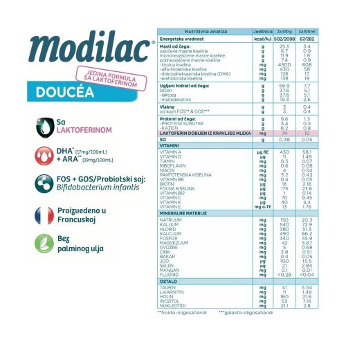 Modilac Doucéa 2 adaptirano mleko za bebe, za uzrast od 6 do 12 meseci, je mlečna formula sa laktoferinom specifično da zadovolji nutritivne potrebe odojčadi.