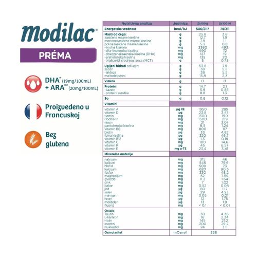 Modilac EXPERT Préma, adaptirano mleko za bebe, od 0 do 3.godine, mlečna formula za dohranu PREVREMENO rođene dece, da zadovolji nutritivne potrebe odojčadi.