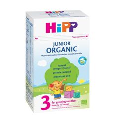 HIPP Organic 3 Junior, adaptirano mleko, namenjeno za bebe od 12 meseca života, sadrži proteine bez glutena, sa prirodnim kalcijumom.