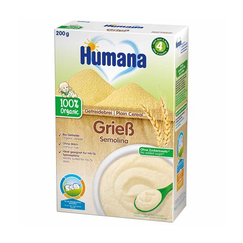 Humana organic bezmlečna instant kaša - griz, idealan obrok za bebe kod kojih postoji povećan alergijski rizik ili intolerancija na kravlje mleko i/ili laktozu.