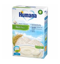 Humana mlečna instant kaša - pirinač, za bebe nakon 4. meseca, bez dodatog šećera sa  vitaminom A, C,  D i cinkom, kalcijumom i gvožđem. 
