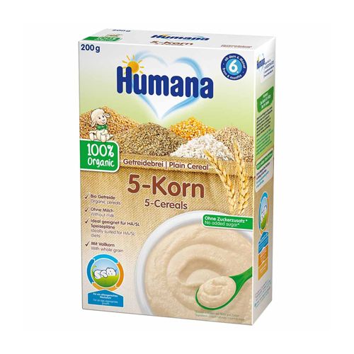 Humana bezmlečna instant kaša 5 žitarica, za bebe nakon 6. meseca, sa 100% sa organskim žitaricama od celog zrna, bez mleka i dodatog šećera 
