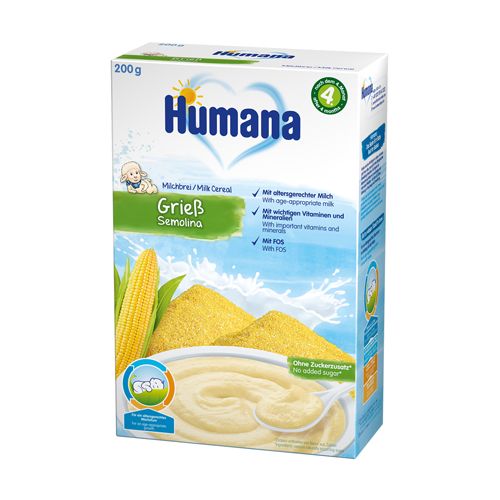 Humana mlečna instant kaša sa grizom, za bebe nakon 4. meseca, bez dodatnog šećera, sa kalcijumom i gvožđem, vitaminom A, vitaminom C, vitaminom D i cinkom