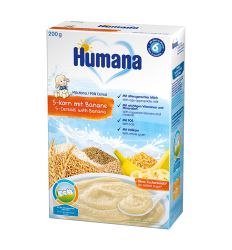 Humana mlečna instant kaša 5 žitarica i bananom, sadrži žitarice od celog zrna pšenice, kukuruza, pirinča, ovasa i ječma. Bez dodatnog šećera.