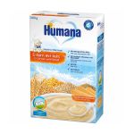 Humana mlecna instant kaša sa 5 žitarica i keksom, sadrži žitarice od celog zrna pšenice, kukuruza, pirinča, ovasa i ječma. Bez dodatnog šećera.