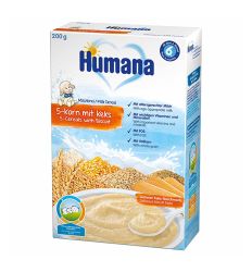 Humana mlecna instant kaša sa 5 žitarica i keksom, sadrži žitarice od celog zrna pšenice, kukuruza, pirinča, ovasa i ječma. Bez dodatnog šećera.